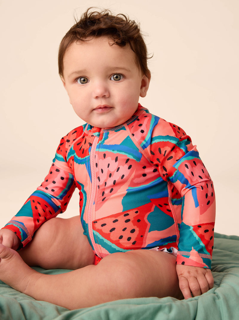 Rash Guard Baby Swimsuit in Wiggly Watermelons - View 2