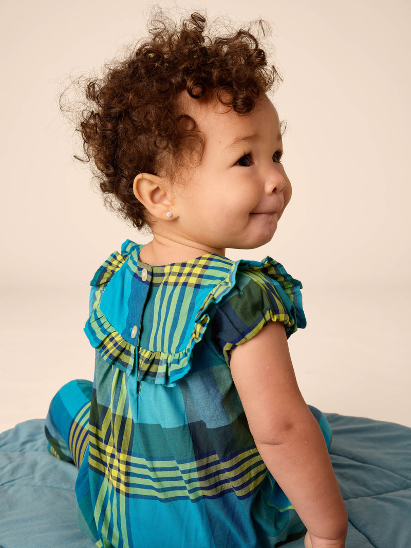 Woven Ruffle Baby Romper in Amazonian Plaid - View 2