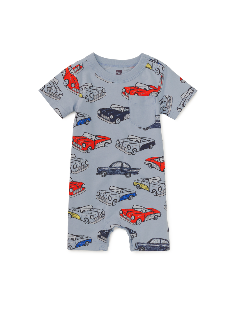 Pocket Shortie Baby Romper in Cuban Cars - View 1