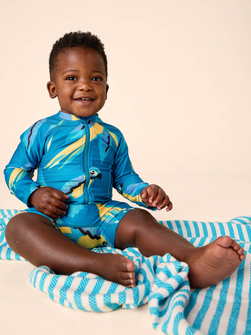 Rash Guard Baby Swimsuit in Blue And Yellow Macaws - View 2