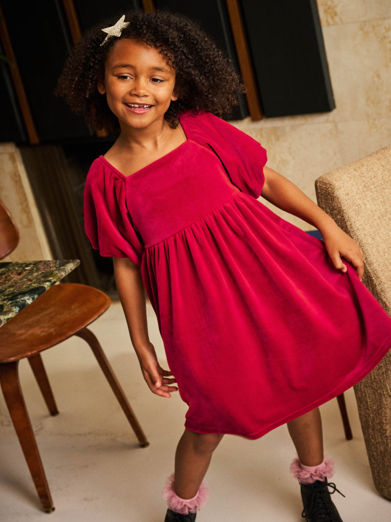 Puff Shoulder Velour Dress in Red Wagon - View 2