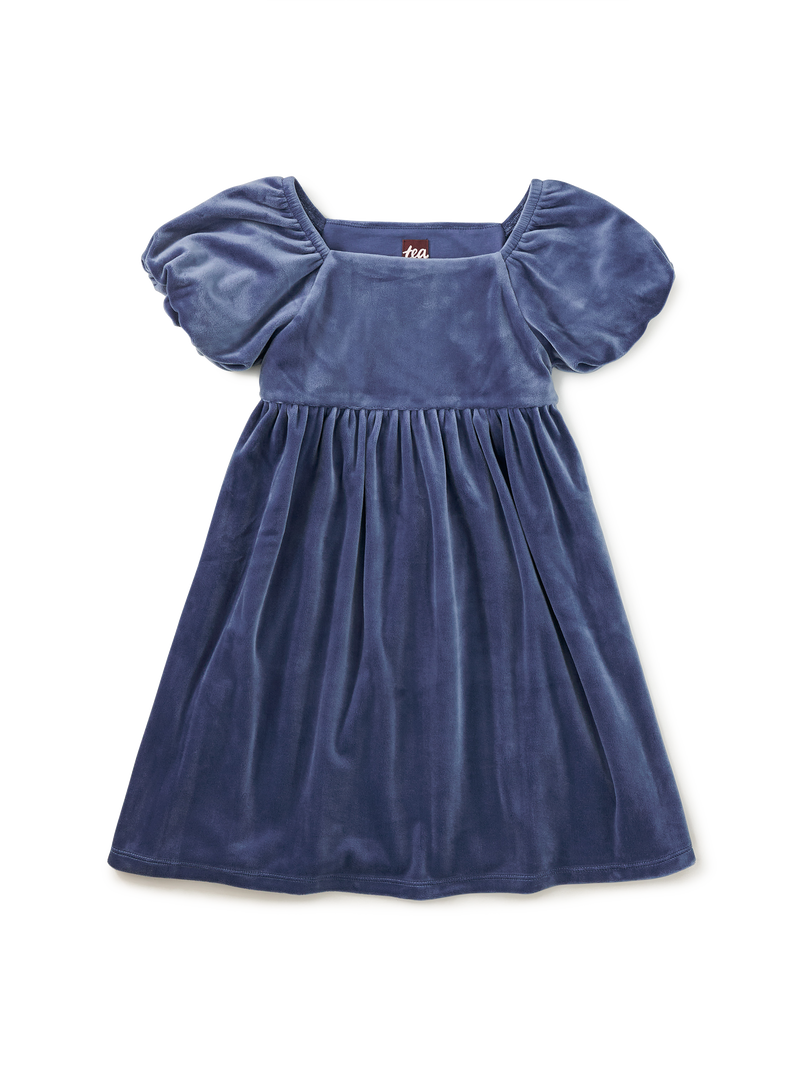 Puff Shoulder Velour Dress in Naval Blue - View 1