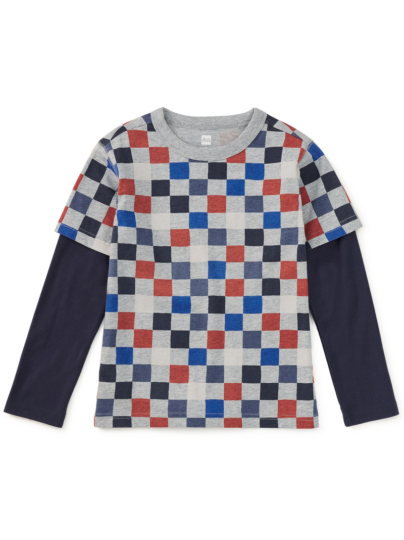 Printed Layered Sleeve Tee in Multicolored Checkerboard - View 1
