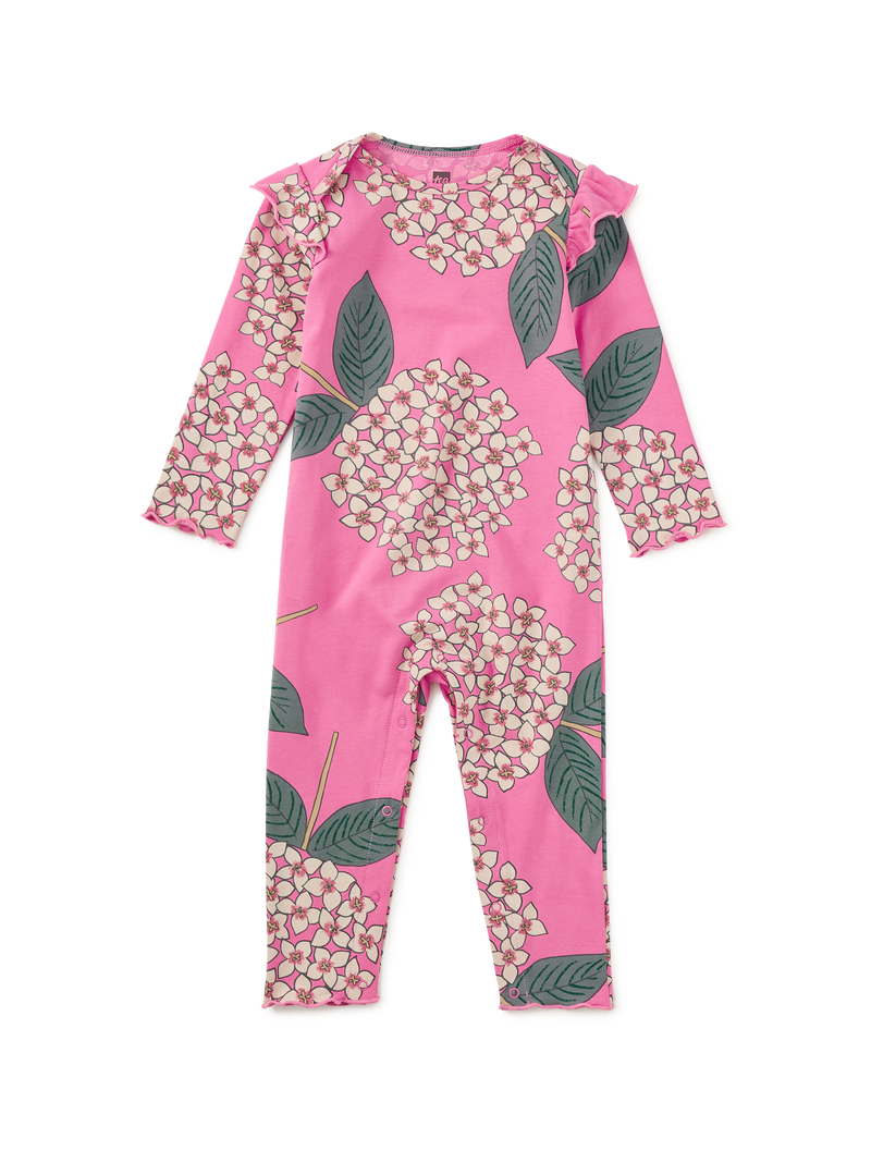 Ruffle Shoulder Baby Romper in Hydrangea Burst - View 1