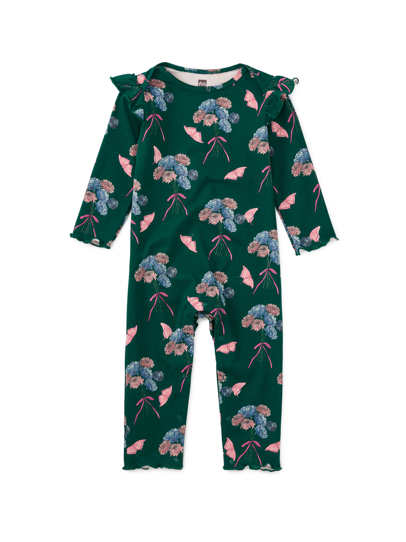 Ruffle Shoulder Baby Romper in Floral And Butterfly Bouquet - View 1
