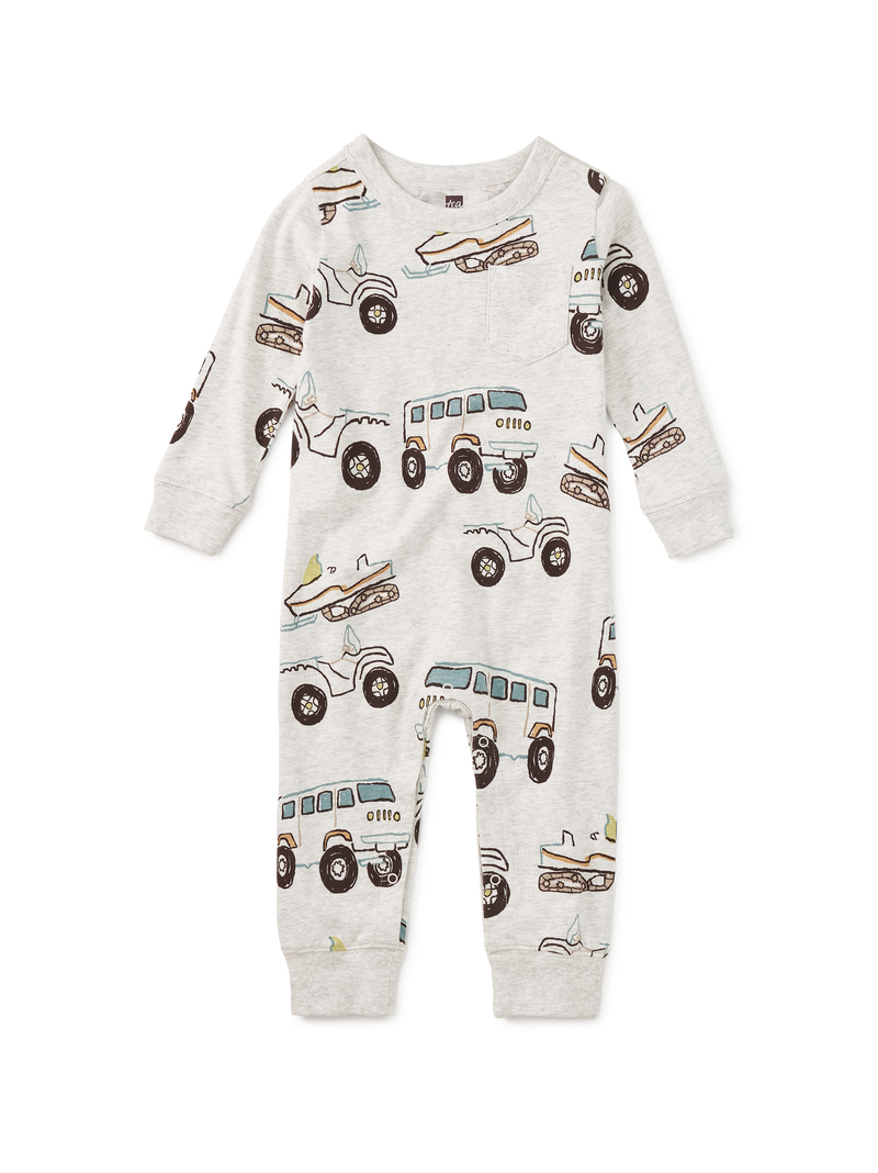 Long Sleeve Pocket Baby Romper in Snow Vehicles - View 1