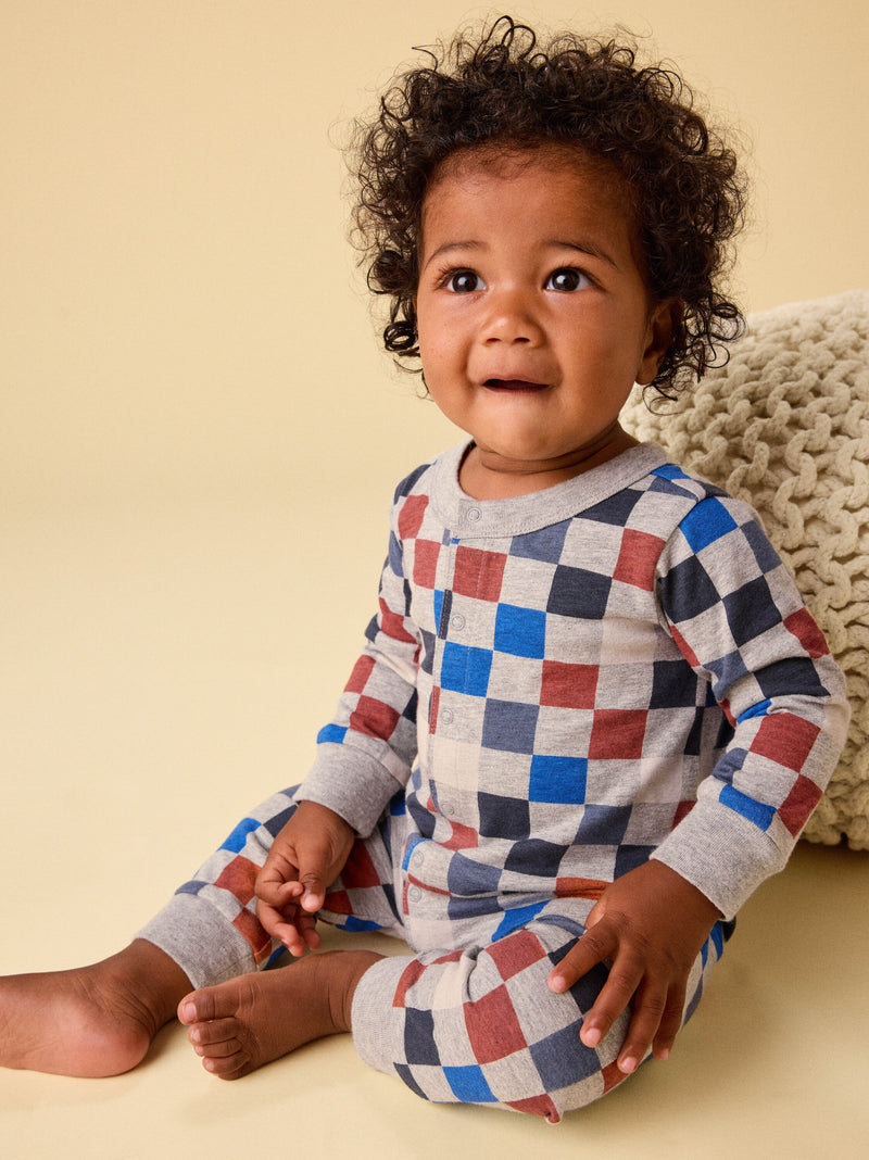 Long Sleeve Snap Front Romper in Multicolored Checkerboard - View 2