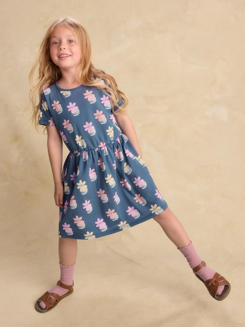 Short Sleeve Twirl Dress in Kitty Flower Power - View 2