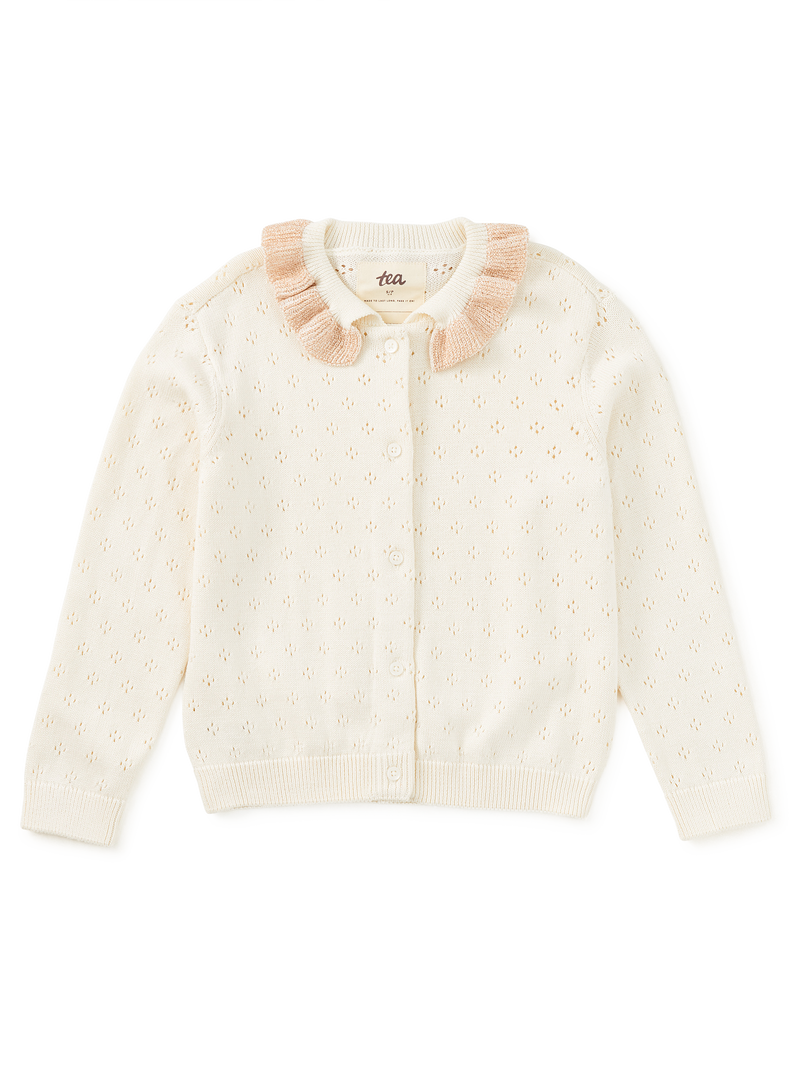 Collared Pointelle Cardigan in Chalk - View 1