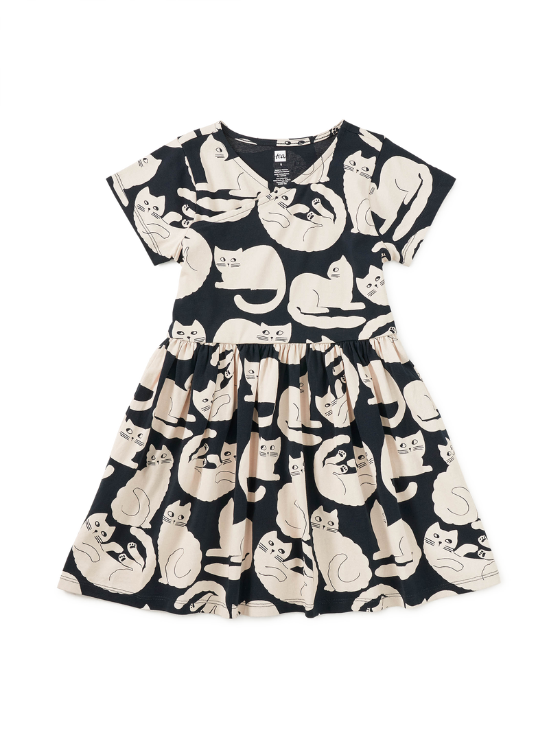 Short Sleeve Wrap Neck Dress in Curious Cats - View 1