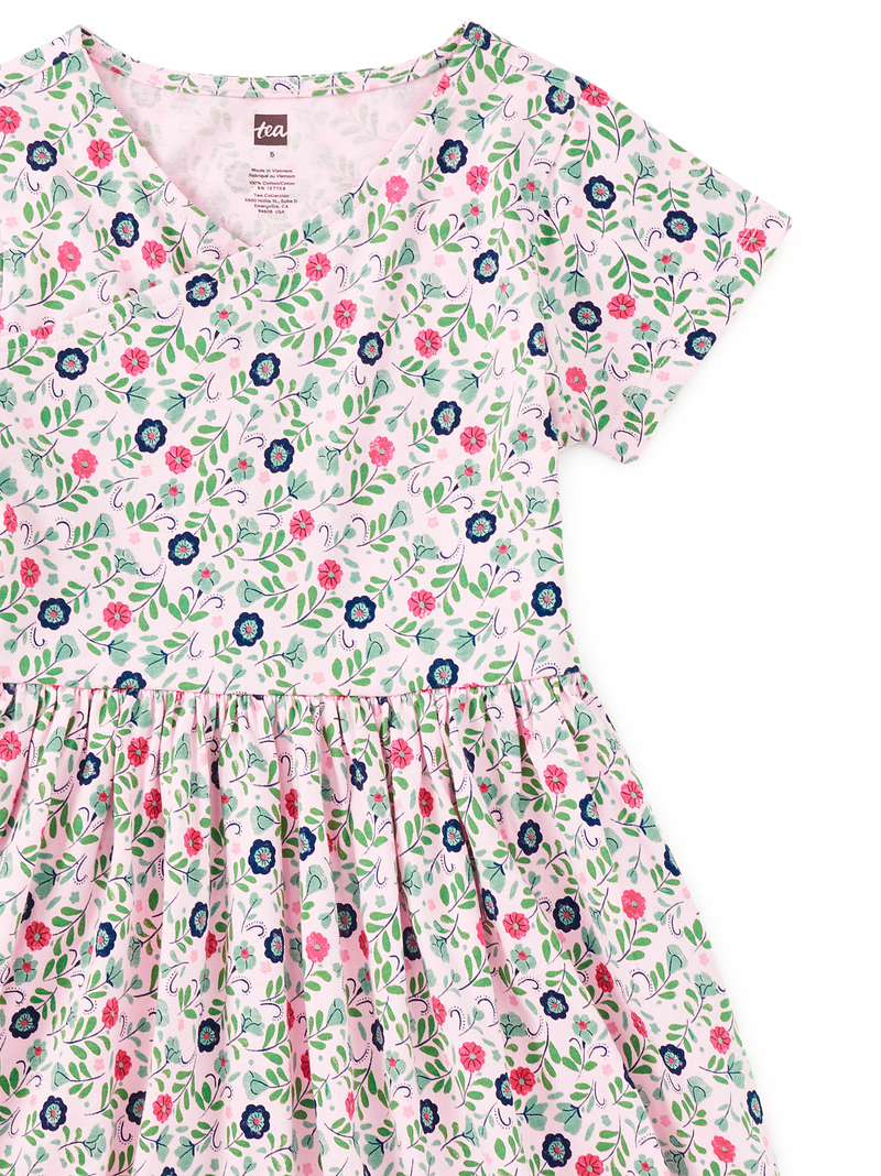 Short Sleeve Wrap Neck Dress in Azulejos Florales - View 2