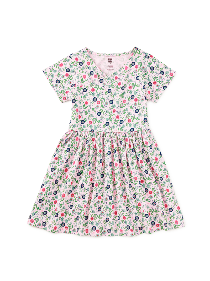 Short Sleeve Wrap Neck Dress in Azulejos Florales - View 1