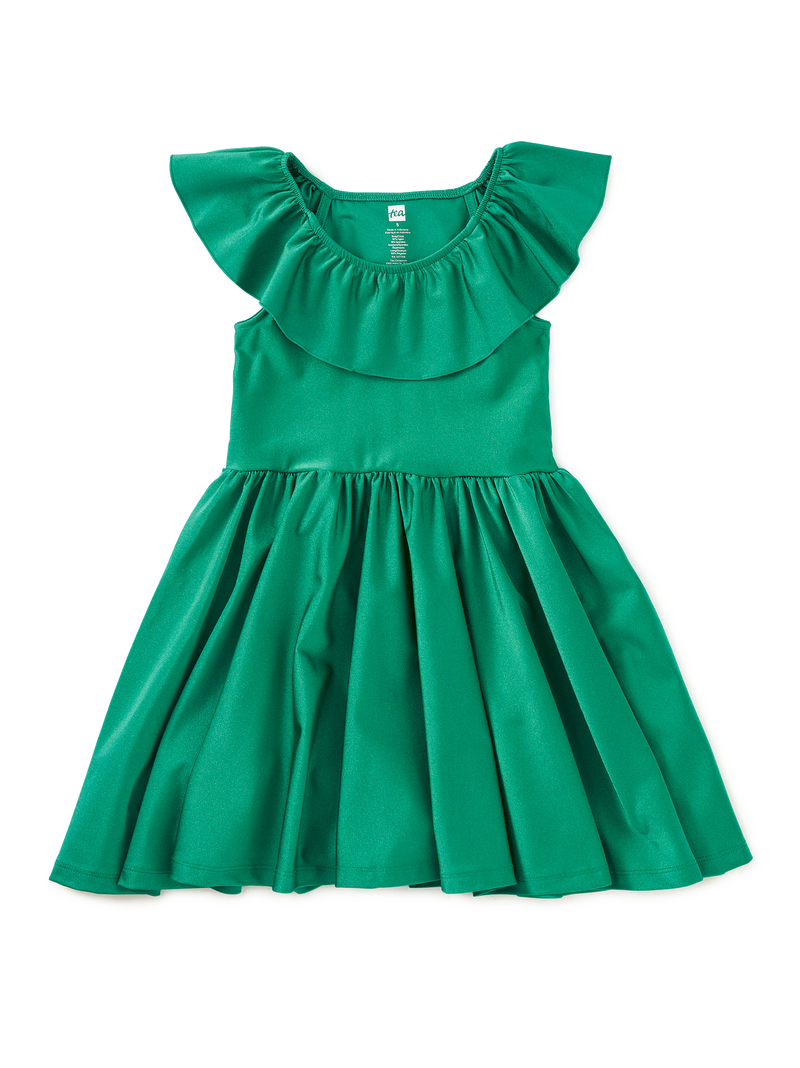 Shiny Ruffle Neck Dress in Spinach - View 1