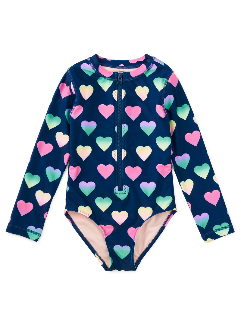 Long Sleeve One-Piece Swimsuit in Ombre Hearts - View 1