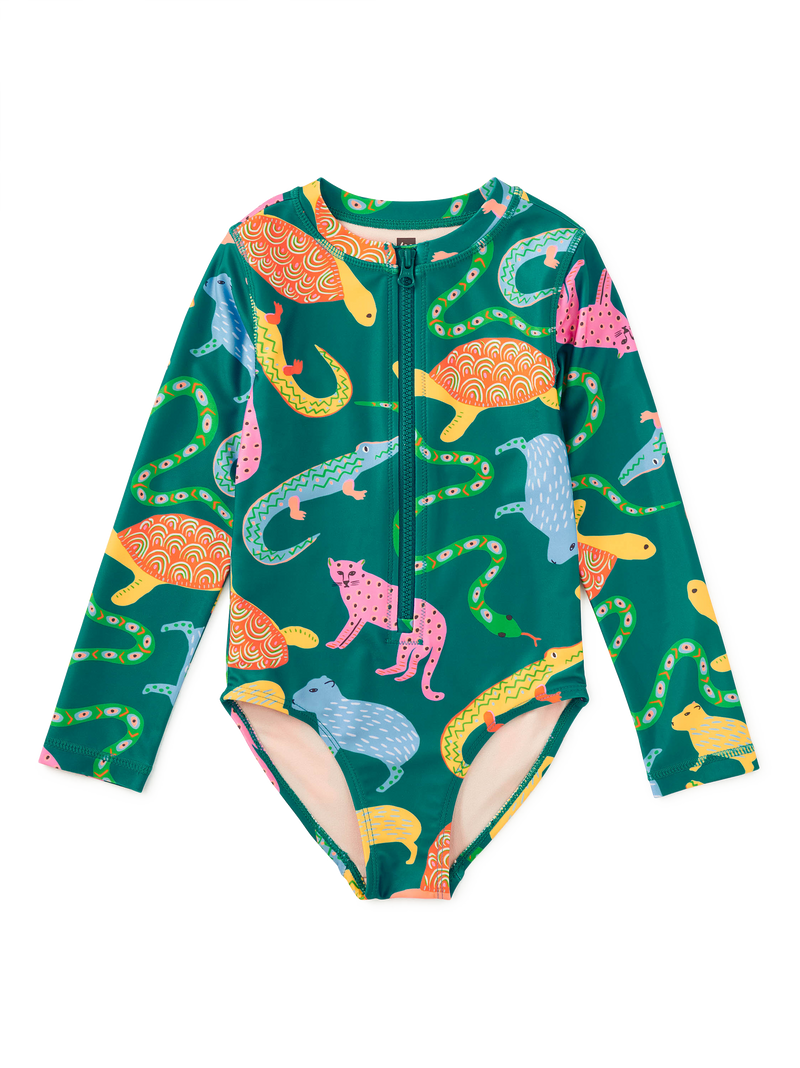 Long Sleeve One-Piece Swimsuit in Brazilian Folk Animals - View 1