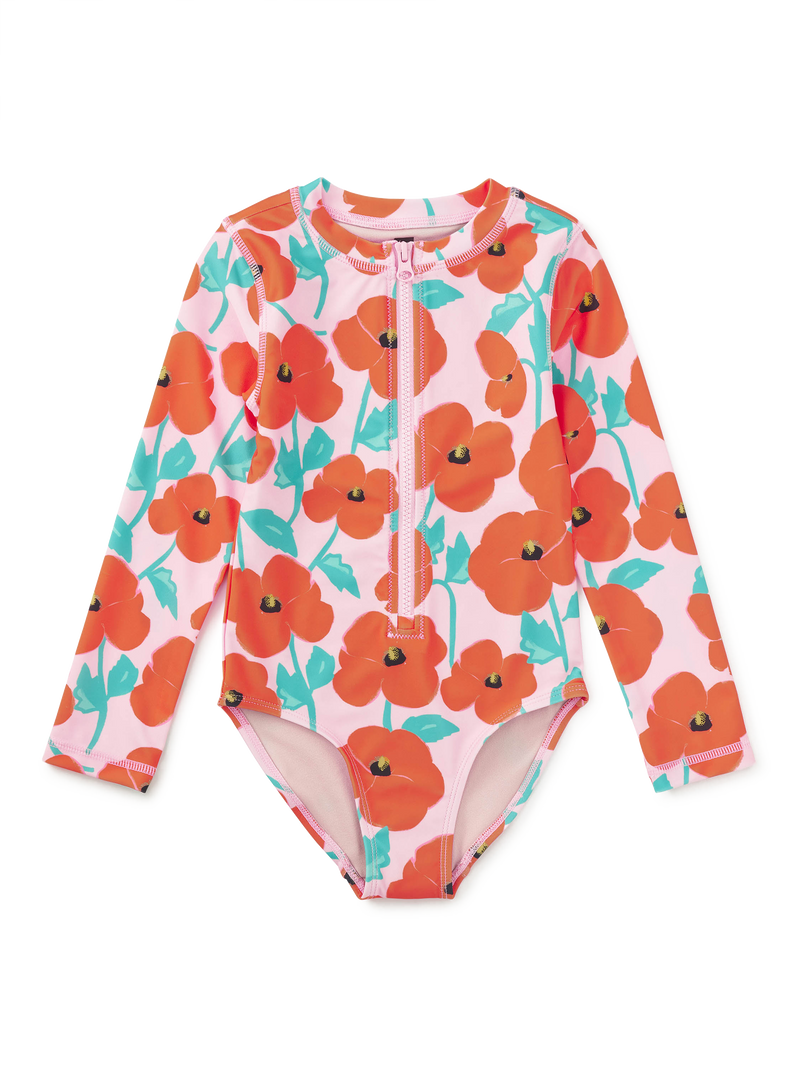 Long Sleeve One-Piece Swimsuit in Poppy Poppies - View 1