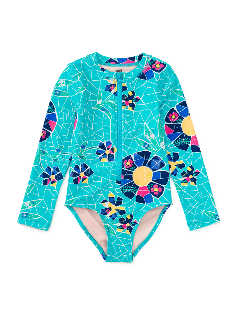 Long Sleeve One-Piece Swimsuit in Mosaic Floral - View 1