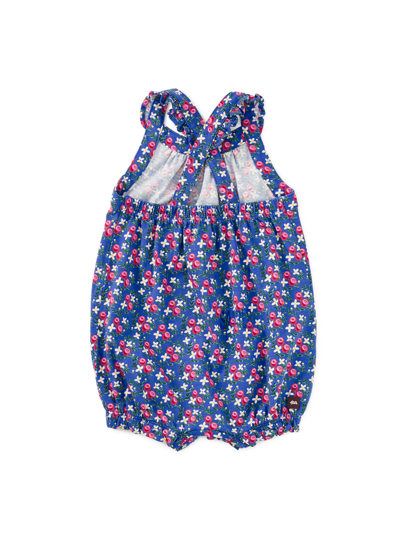Cross-Back Baby Romper in Flamenco Fan Rose - View 2
