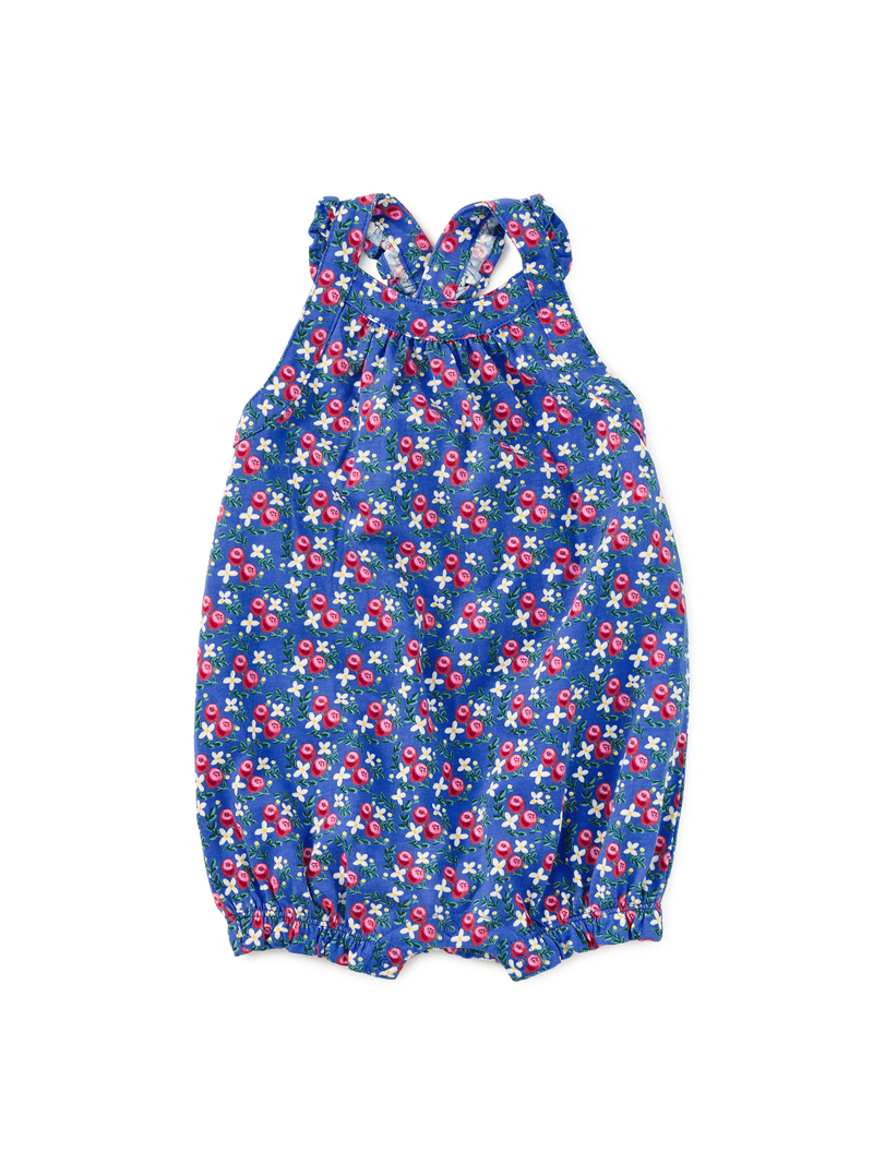 Cross-Back Baby Romper in Flamenco Fan Rose - View 1