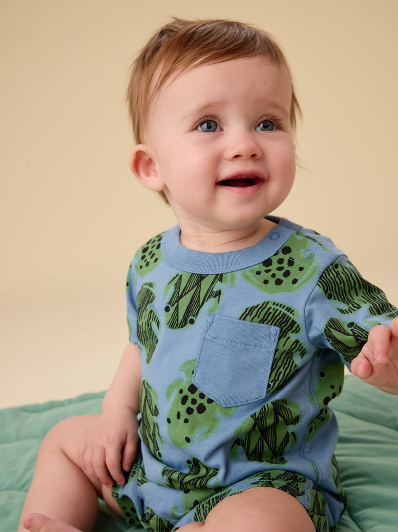 Pocket Shortie Baby Romper in Hopalong Frogs - View 2