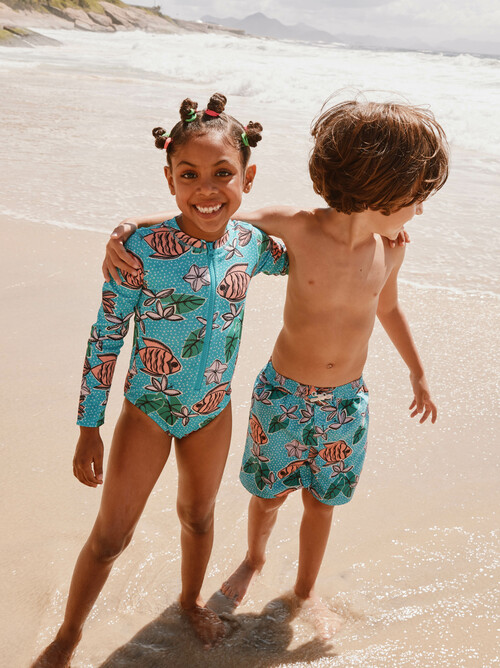 GIRL & Brazilian Tropical Fish & Long Sleeve One-Piece Swimsuit