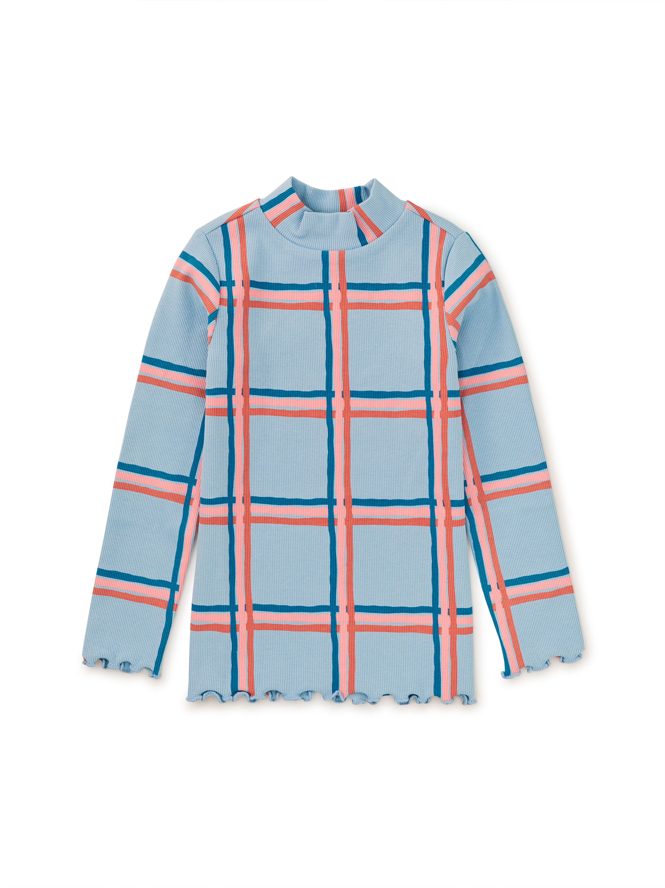 GIRL & Painted Windowpane Plaid & Ribbed Long Sleeve Mock Neck Top