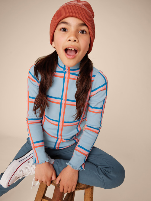 GIRL & Painted Windowpane Plaid & Ribbed Long Sleeve Mock Neck Top
