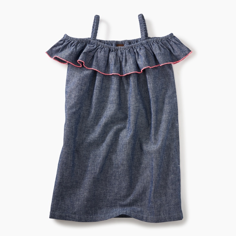 Chambray Ruffle Neck Dress