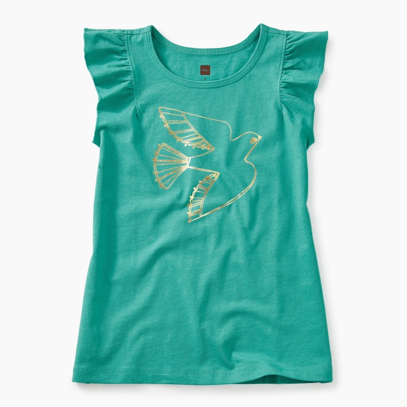 Metallic Bird Ruffle Knit Top