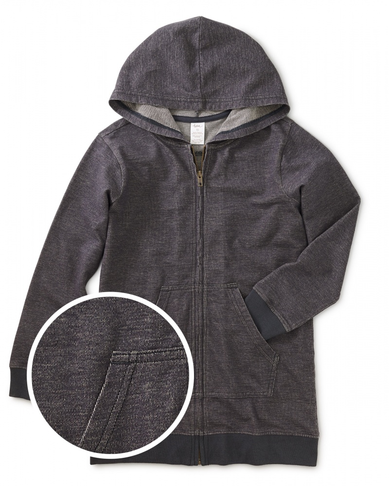 Denim-Like Zip Front Tunic Hoody