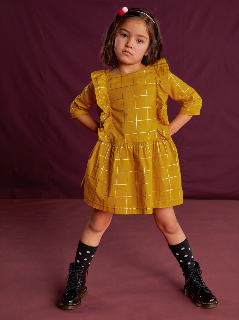 Golden Windowpane Ruffle Dress