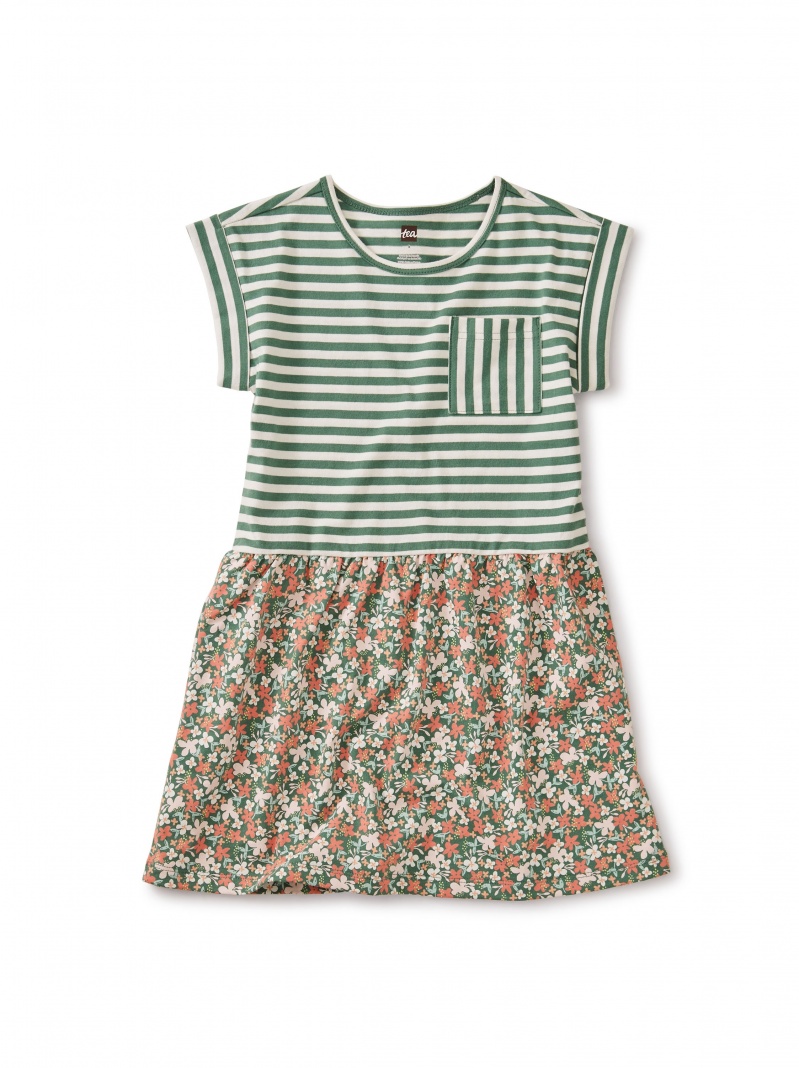 Print Mix Cuff Sleeve Dress