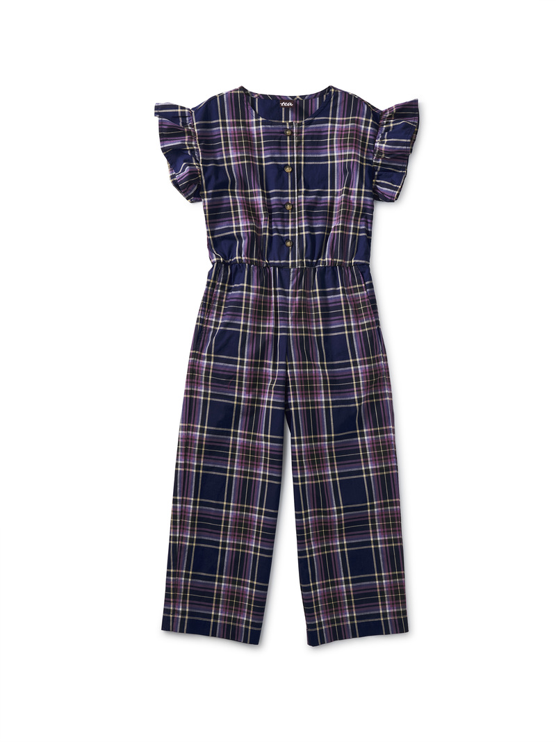 Flutter Sleeve Plaid Jumpsuit