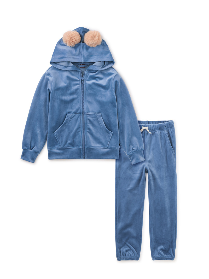 Pom Pom Ear Velour Hoodie & Joggers Set