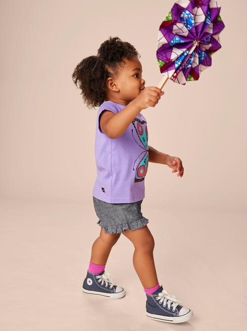 Little Girl Chambray Ruffle Hem Baby Shorts Short |Tea
